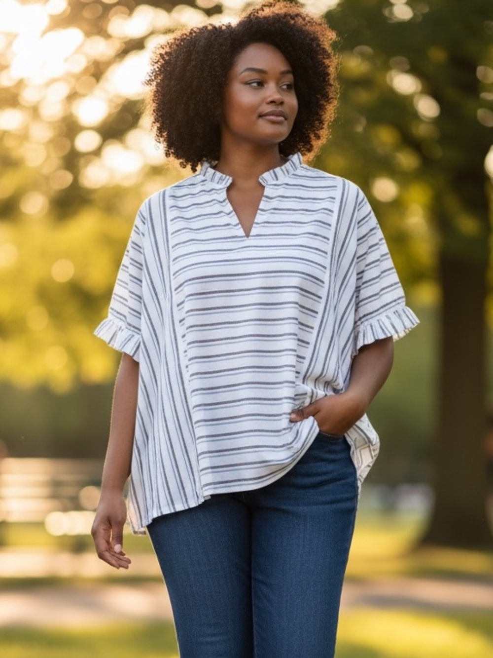 NWT Anniewear Striped Ruffle Sleeve V-Neck Blouse - White/Gray